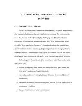 University of Pittsburgh Facilities Plan: Fy2007-2018