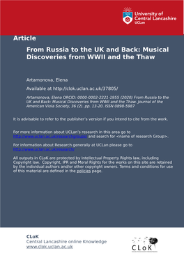 Article from Russia to the UK and Back: Musical Discoveries from WWII and the Thaw