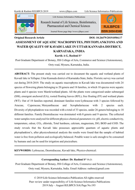 Assessment of Aquatic Macrophytes, Phytoplanktons and Water Quality Of