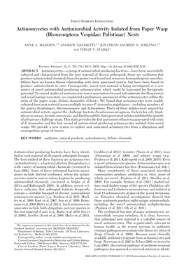 Actinomycetes with Antimicrobial Activity Isolated from Paper Wasp (Hymenoptera: Vespidae: Polistinae) Nests