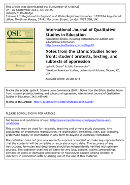 Notes from the Ethnic Studies Home Front: Student Protests, Texting, and Subtexts of Oppression Lydia R