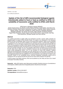 Recommended Biological Agents Intentionally Added to Food Or Feed As Notified to EFSA 12