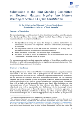 Submission to the Joint Standing Committee on Electoral Matters: Inquiry Into Matters Relating to Section 44 of the Constitution