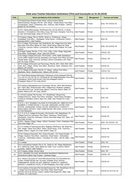 State Wise Teacher Education Institutions (Teis) and Courses(As on 31.03.2019) S.No