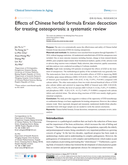 Effects of Chinese Herbal Formula Erxian Decoction for Treating Osteoporosis: a Systematic Review