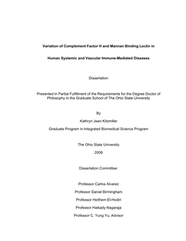 Variation of Complement Factor H and Mannan Binding Lectin in Human