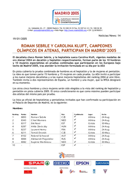 Roman Sebrle Y Carolina Kluft, Campeones Olímpicos En Atenas, Participan En Madrid’2005