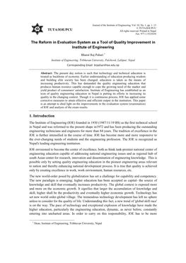 The Reform in Evaluation System As a Tool of Quality Improvement in Institute of Engineering