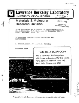 Lawrence Berkeley Laboratory UNIVERSITY of CALIFORNIA Recr:,V~Olawrence