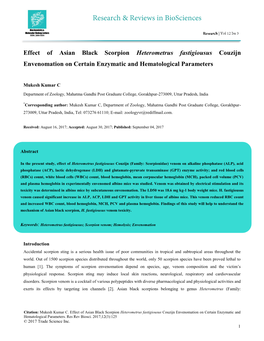 Effect of Asian Black Scorpion Heterometrus Fastigiousus Couzijn Envenomation on Certain Enzymatic and Hematological Parameters