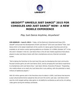 Ubisoft® Unveils Just Dance® 2015 for Consoles and Just Dance® Now– a New Mobile Experience