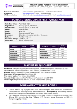 Porsche Tennis Grand Prix – Quick Facts Main Draw Quick