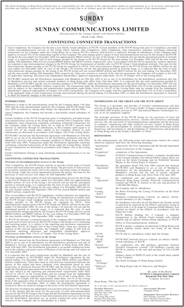 SUNDAY COMMUNICATIONS LIMITED (Incorporated in the Cayman Islands with Limited Liability) (Stock Code: 0866) CONTINUING CONNECTED TRANSACTIONS