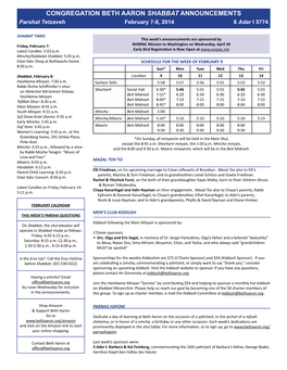 CONGREGATION BETH AARON SHABBAT ANNOUNCEMENTS Parshat Tetzaveh February 7-8, 2014 8 Adar I 5774