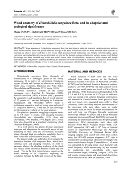 Wood Anatomy of Holmskioldia Sanguinea Retz. and Its Adaptive and Ecological Significance