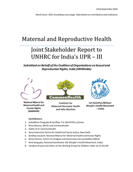 Maternal and Reproductive Health Joint Stakeholder Report to UNHRC for India’S UPR – III