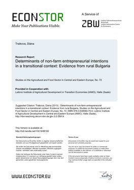 Determinants of Non-Farm Entrepreneurial Intentions in a Transitional Context: Evidence from Rural Bulgaria