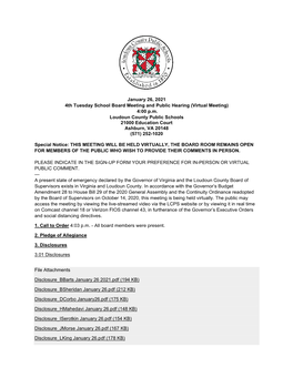 January 26, 2021 4Th Tuesday School Board Meeting and Public Hearing (Virtual Meeting) 4:00 P.M