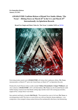 AMARANTHE Confirms Release of Brand New Studio Album, ‘The Nexus’ – Hitting Stores on March 26Th in the U.S