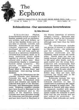 Ecphora QUARTERLY NEWSLETTER of the CALVERT MARINE MUSEUM FOSSIL CLUB Volume 14, Number 1 Winter 1998 Whole Number 46