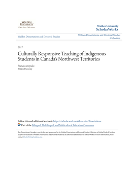 Culturally Responsive Teaching of Indigenous Students in Canada's Northwest Territories Francis Amprako Walden University