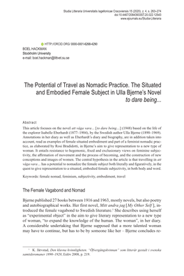 The Potential of Travel As Nomadic Practice. the Situated and Embodied Female Subject in Ulla Bjerne’S Novel to Dare Being