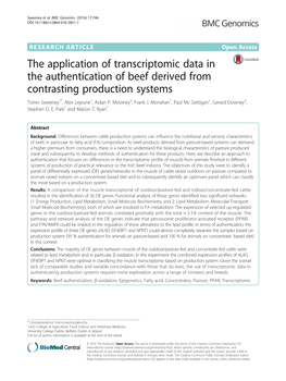 The Application of Transcriptomic Data in the Authentication of Beef Derived from Contrasting Production Systems Torres Sweeney1*, Alex Lejeune1, Aidan P