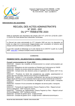 RECUEIL DES ACTES ADMINISTRATIFS N° 2020 - 002 DU 2Ème TRIMESTRE 2020