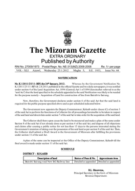 The Mizoram Gazette EXTRA ORDINARY Published by Authority RNI No