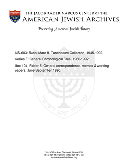 MS-603: Rabbi Marc H. Tanenbaum Collection, 1945-1992. Series F: General Chronological Files