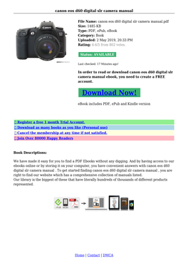 Canon Eos D60 Digital Slr Camera Manual