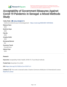 Acceptability of Government Measures Against Covid-19 Pandemic in Senegal: a Mixed Methods Study