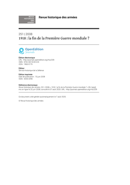 Revue Historique Des Armées, 251 | 2008, « 1918 : La Fn De La Première Guerre Mondiale ? » [En Ligne], Mis En Ligne Le 20 Juin 2008, Consulté Le 07 Août 2020
