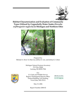 Habitat Characterization and Evaluation of Community Types Utilized by Copperbelly Water Snake (Nerodia Erythrogaster Neglecta) in Michigan and Northern Ohio