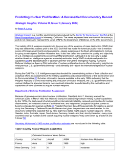 Predicting Nuclear Proliferation: a Declassified Documentary Record