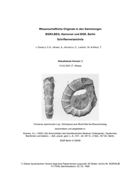 Wissenschaftliche Originale in Den Sammlungen BGR/LBEG, Hannover Und BGR, Berlin Schriftenverzeichnis