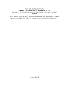 Management Response to Request for Inspection Panel Review of the Brazil: Piauí Pillars of Growth and Social Inclusion Project (P129342)