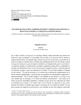 Revista Crítica Penal Y Poder 2019, Nº 17 Octubre-Noviembre (Pp.10-16) Observatorio Del Sistema Penal Y Los Derechos Humanos Universidad De Barcelona