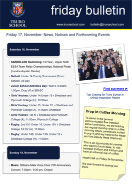 Friday 17, November: News, Notices and Forthcoming Events