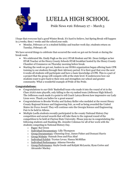 LUELLA HIGH SCHOOL Pride News #26: February 27 – March 3