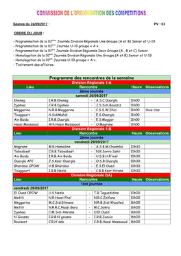 Programme Des Rencontres De La Semaine Division Régionale 1-A Lieu Rencontre Heure Observations 2Éme Journée Samedi 30/09/2017