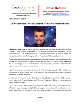 Dr. Neil Degrasse Tyson to Appear at the Hanover Theatre This Fall