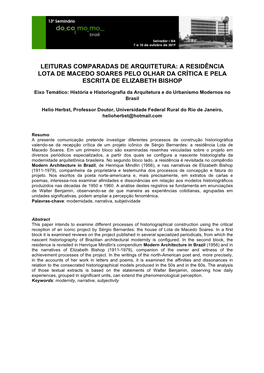 Leituras Comparadas De Arquitetura: a Residência Lota De Macedo Soares Pelo Olhar Da Crítica E Pela Escrita De Elizabeth Bishop