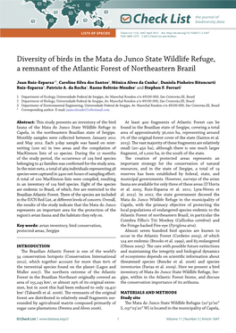 Diversity of Birds in the Mata Do Junco State Wildlife Refuge, a Remnant of the Atlantic Forest of Northeastern Brazil