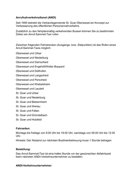 Anrufnahverkehrsdienst (ANDI) Seit 1995 Betreibt Die Verbandsgemeinde St. Goar-Oberwesel Ein Konzept Zur Verbesserung Des Öffentlichen Personennahverkehrs