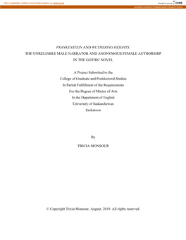 Frankenstein and Wuthering Heights: the Unreliable Male Narrator and Anonymous Female Authorship in the Gothic Novel