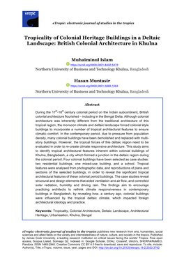 Tropicality of Colonial Heritage Buildings in a Deltaic Landscape: British Colonial Architecture in Khulna