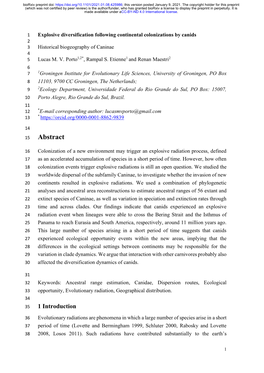 Explosive Diversification Following Continental Colonizations by Canids 2 3 Historical Biogeography of Caninae 4 5 Lucas M