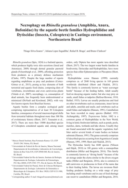 By the Aquatic Beetle Families Hydrophilidae and Dytiscidae (Insecta, Coleoptera) in Caatinga Environment, Northeastern Brazil