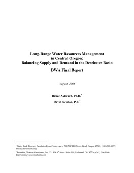 Long-Range Water Resources Management in Central Oregon: Balancing Supply and Demand in the Deschutes Basin DWA Final Report